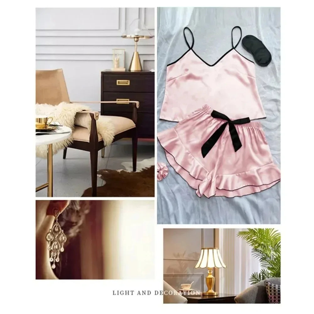 KAELAH Smooth Satin Pajamas V-Neck Top Ruffled Edges and Bow Shorts Simple and Breathable Set