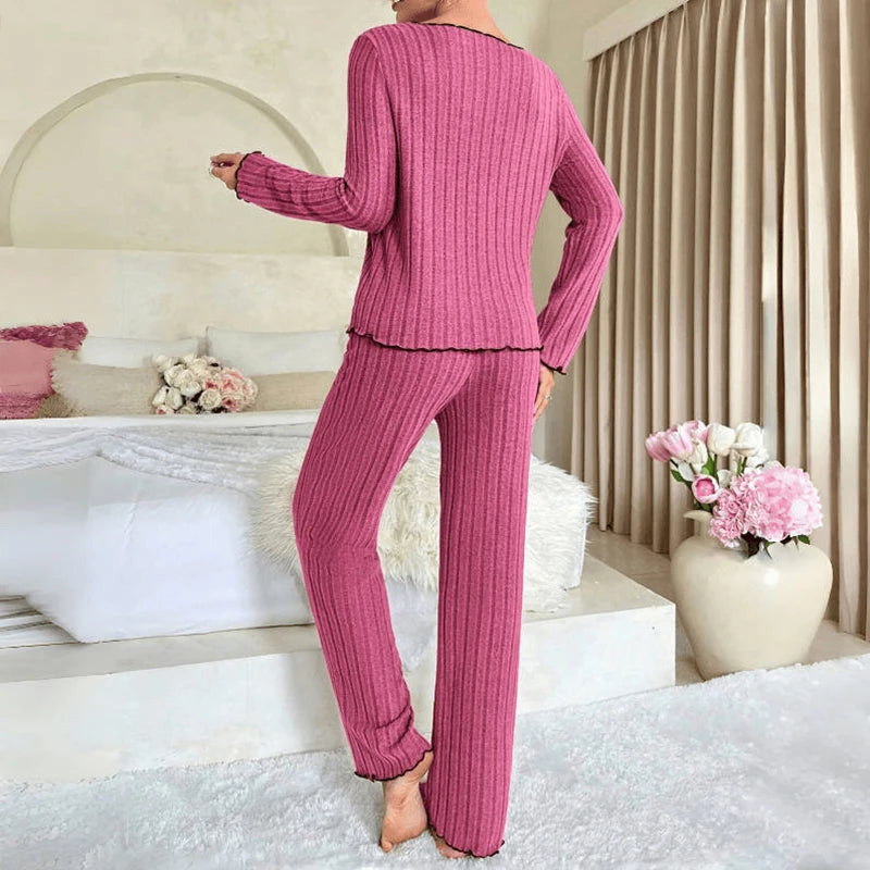 KAELAH Feminine Autumn Winter Sleepwear Ribbed Pajamas Set Long Sleeve Top
