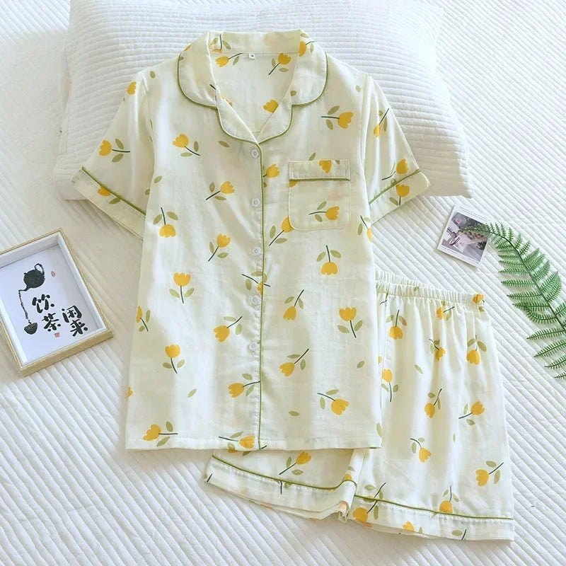 KAELAH Japanese simple short pyjamas womencotton short sleeves ladies