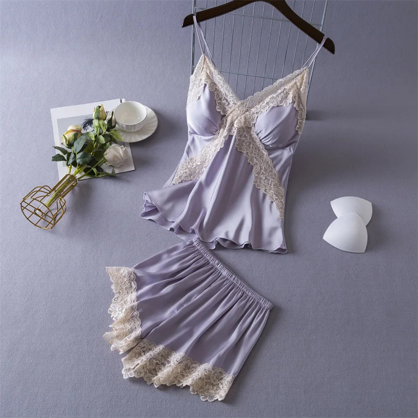 KAELAH Sexy Lace Lingerie Set for Women Silk Pajama Set Cami and Shorts 2 Pieces Pjs