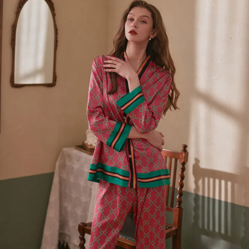 KAELAH Long Sleeved Women Pajamas Set Ice Silk Printed Fashion