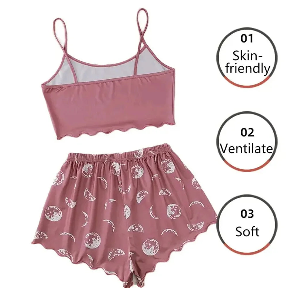 KAELAH Set Sports Camisole And Shorts Pink Moon And Planet Print