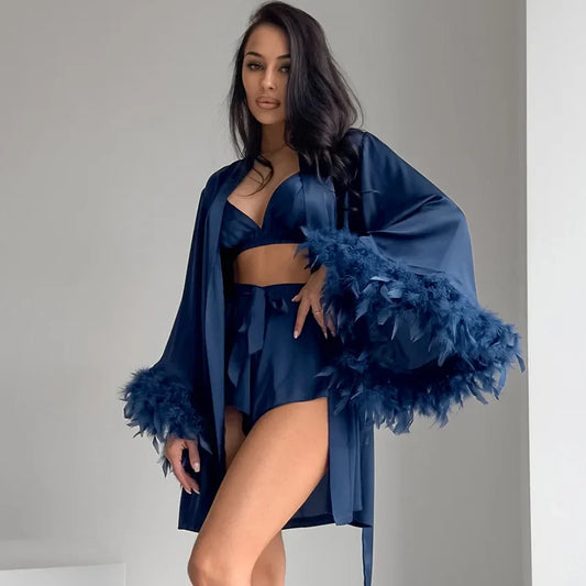KAELAH Shorts Nightgown Three-piece Set, Imitation Silk, Loungewear, Feather Pajamas