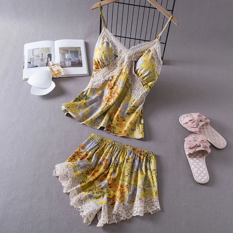 KAELAH Daeyard Sexy Lace Cami and Shorts 2 Pieces Pajama Set Silk Floral