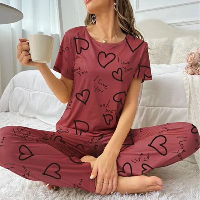 KAELAH Cartoon Print Pajama Set Short Sleeve Top Long Pants Soft Comfortable Sleepwear