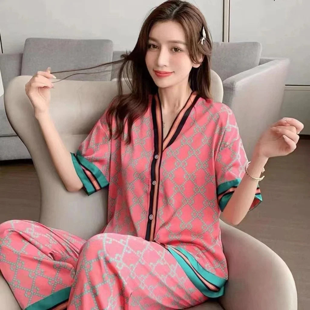 KAELAH Long Sleeved Women Pajamas Set Ice Silk Printed Fashion