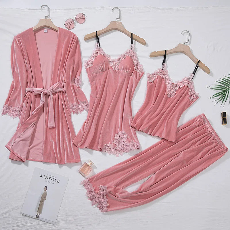 KAELAH Casual Velour Home Clothing 4pcs Sleep Set Intimate Lingerie Women Pajamas