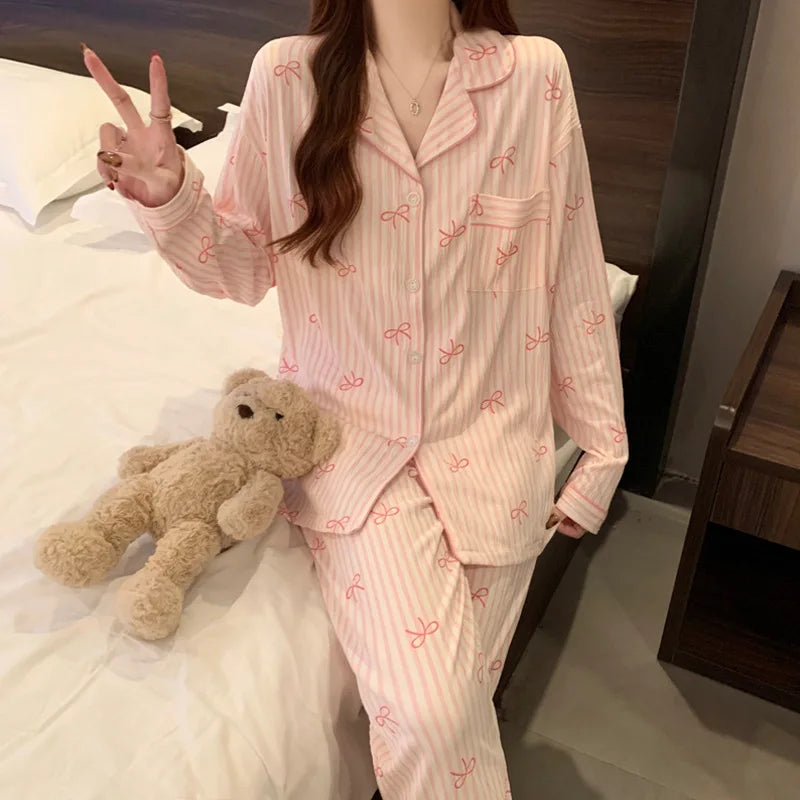 KAELAH Soft Comfortable cute Bow Pink Print Pajama Set