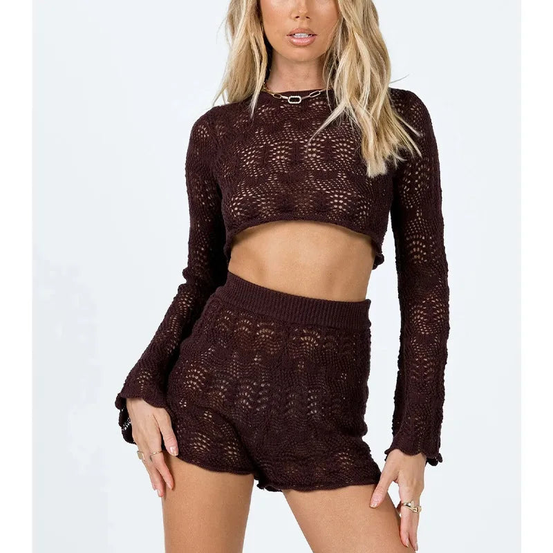 KAELAH Beach Holiday Bohemian Knitted Two Piece Set Pjs Long Sleeve