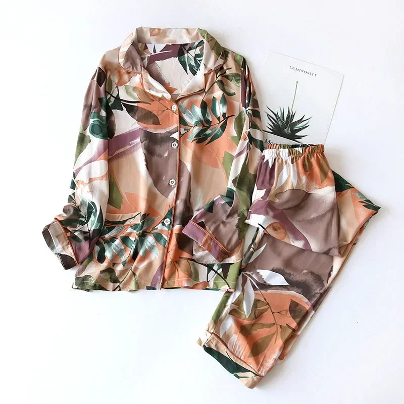 KAELAH cute cartoon floral viscose fiber pajamas two-piece long-sleeved home cotton