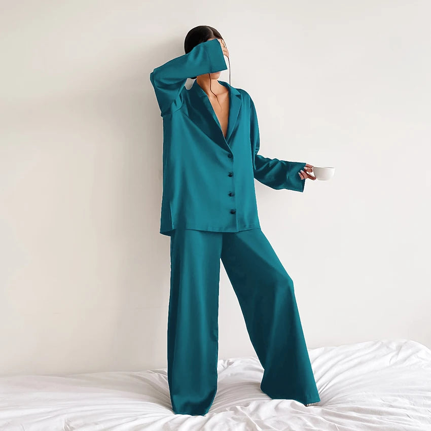 KAELAH Oversized Satin Silk Sleepwear Low Cut Sexy Pajamas For Women Single-Breasted