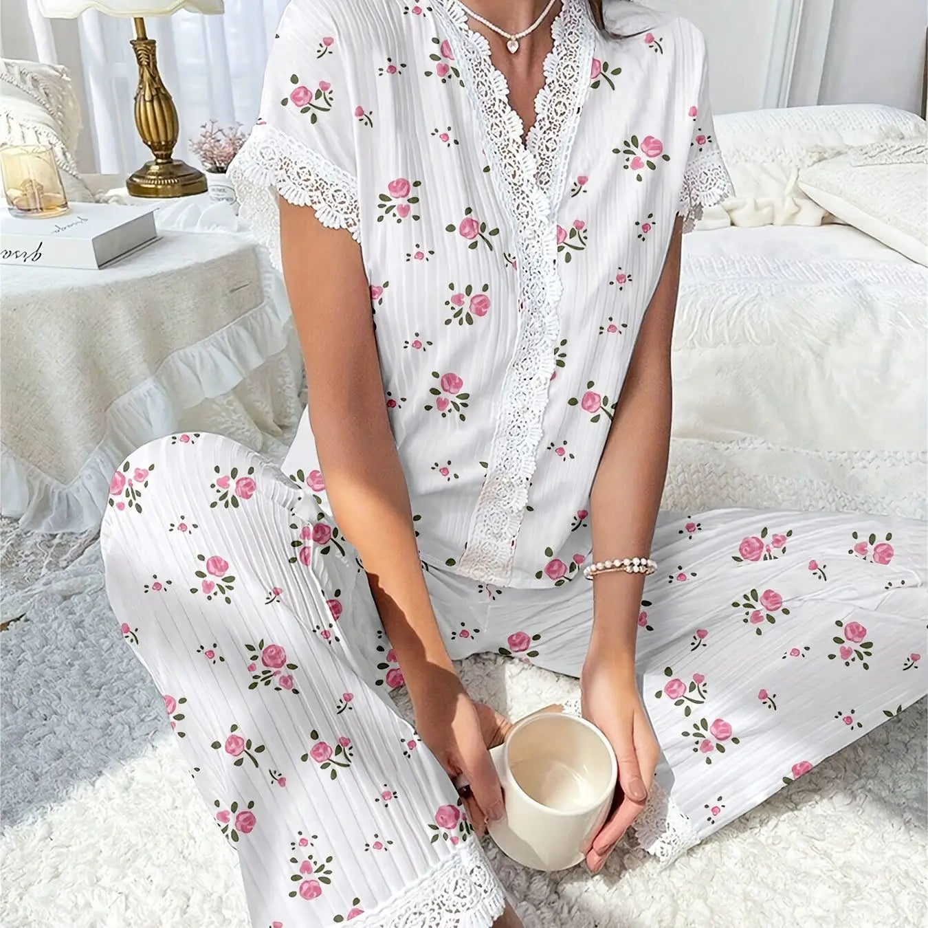 KAELAH Cherry Collar Lace Printed Shirt Trousers Homewear
