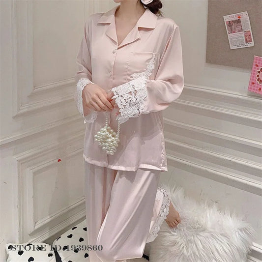 KAELAH Set White Satin Lace Trim Bride Wedding Sleepwear Homewear