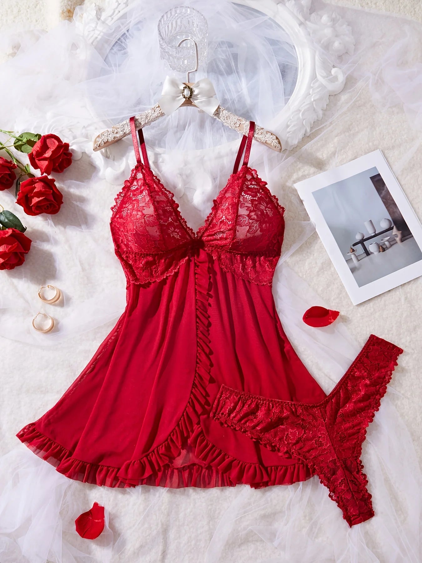 KAELAH Sexy Lace Lingerie Set for Women, Red Hot Sleepwear Nightdress
