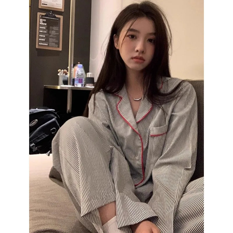 KALEAH  Spring and Summer Long Sleeve Long Pants Two Piece Suit Striped Nightwear