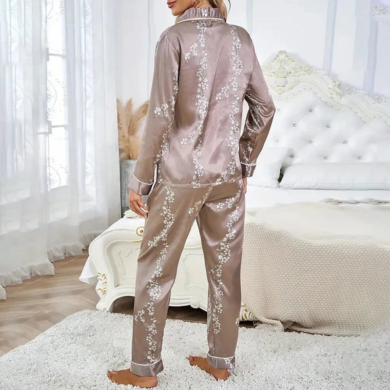 KAELAH Satin Floral Pajama Casual Sleepwear Home Clothes Suit Long Sleeve Button Up