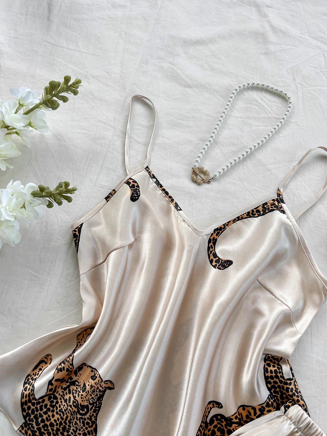 KAELAH Elegant V Neck Leopard Print Suspender Long Pants Pajama Set