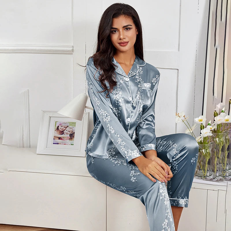KAELAH Set Flowers Sleeve Sleepwear Women Button Down Nightwear Pj Sets Print
