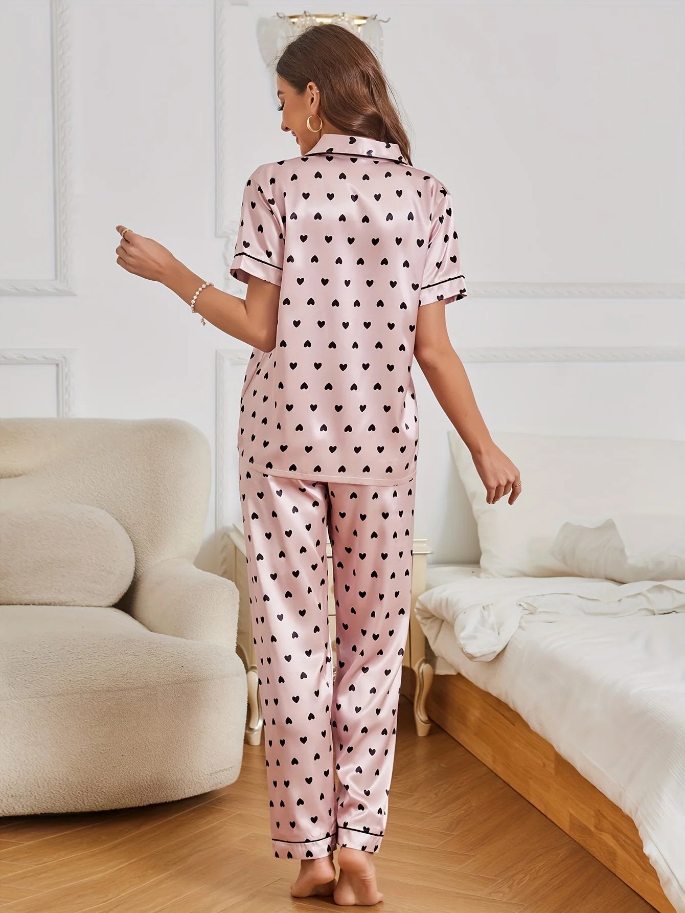 KAELAH Heart Print Satin Pajama Set Casual Short Sleeve Buttons Lapel