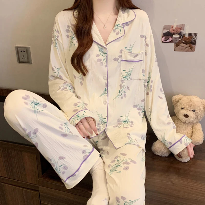 KAELAH Pink Bow Tie Design Pajamas for Women Long Sleeve Top & Elastic