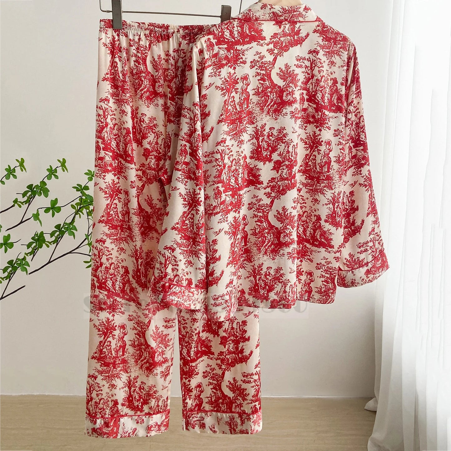 KAELAH Print Flower 2PCS Pajamas Set Women Sleepwear Spring Summer Trouser Suits Lounge Wear