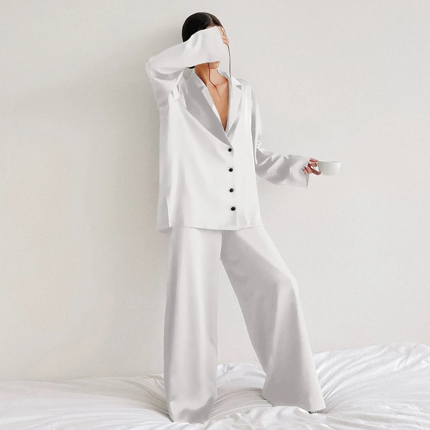 KAELAH Oversized Satin Silk Sleepwear Low Cut Sexy Pajamas For Women Single-Breasted