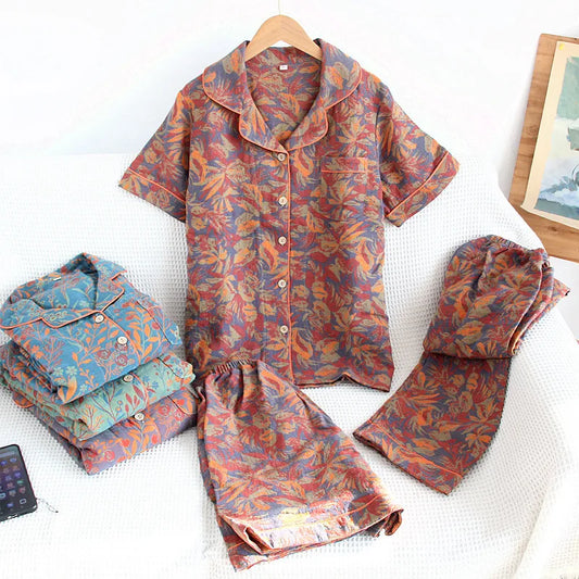 KAELAH Three Piece Cotton Jacquard Yarn Woven Floral Printed Cardigan