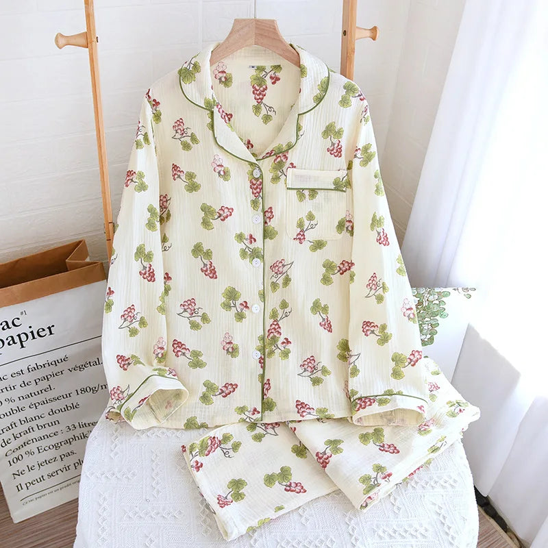KAELAH Sweet Fury and Autumn Women's Pajama Set Cotton Crepe Long