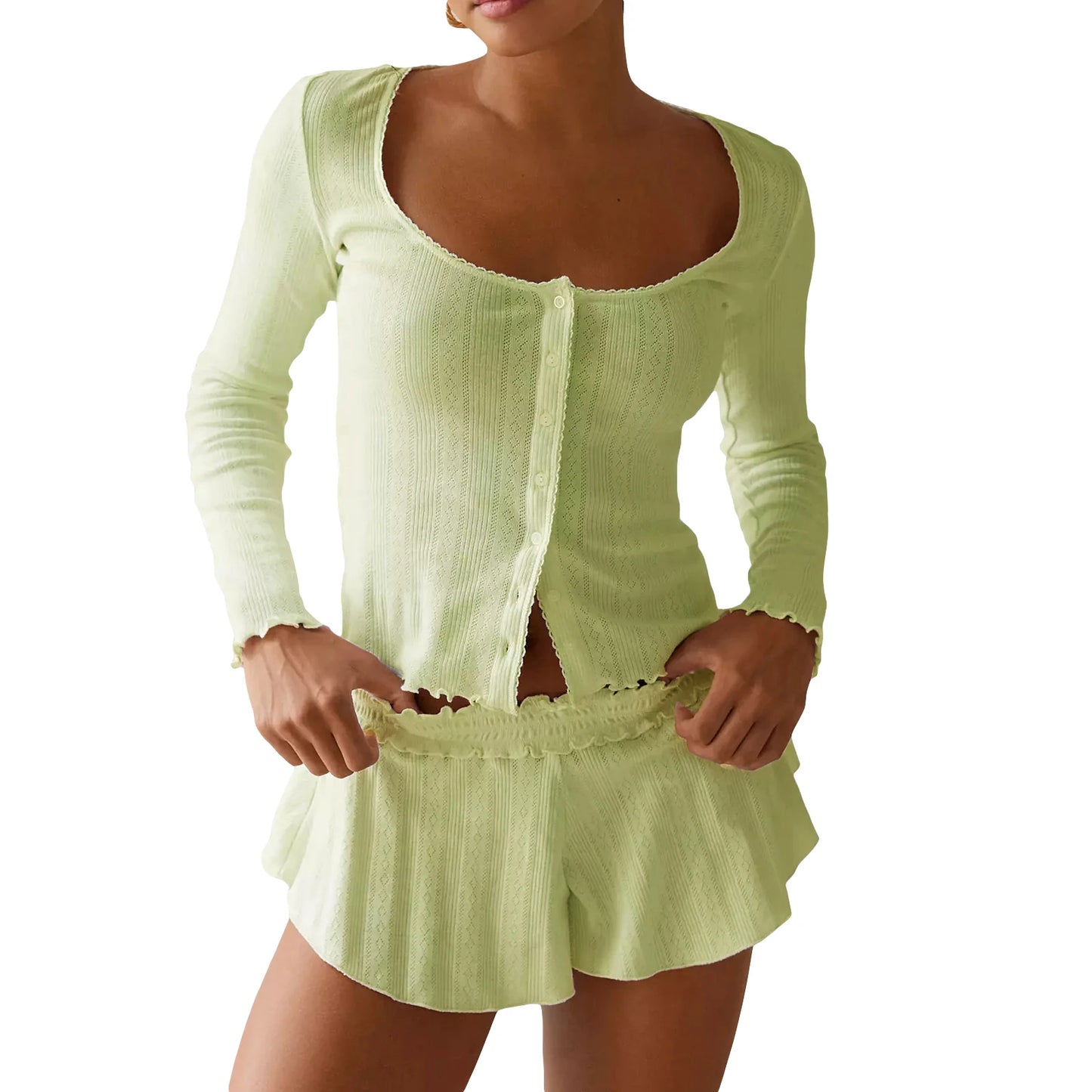 KAELAH Fairy Grunge Two Piece Pajama Sets Solid Lace Trim Round Neck Long