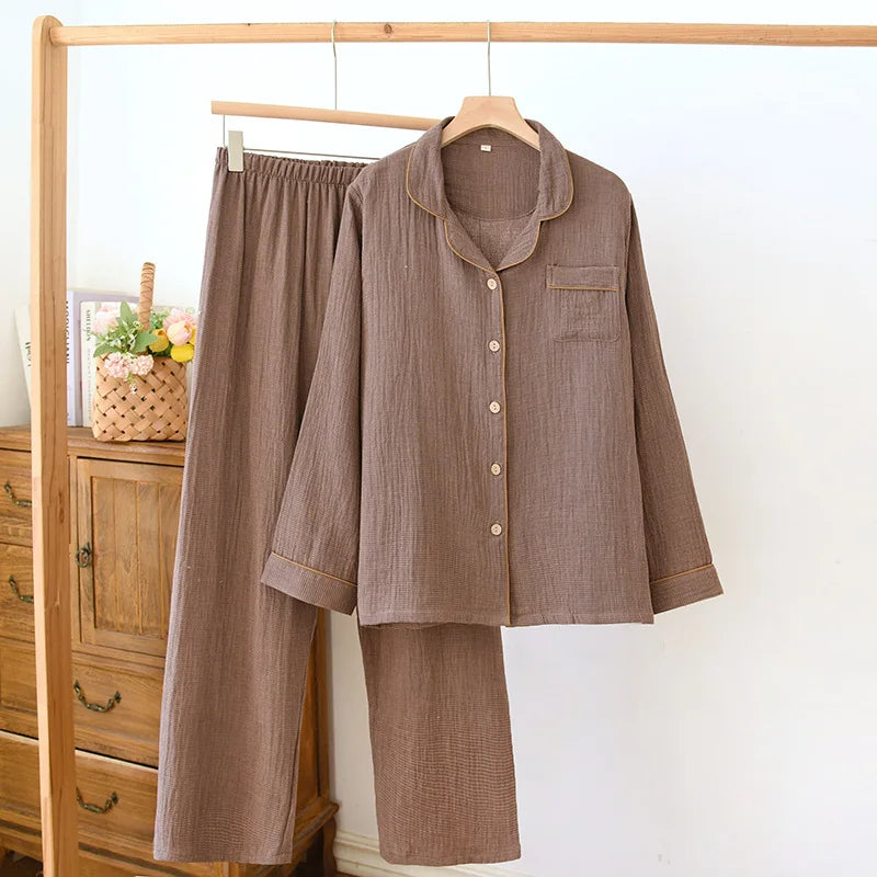 KAELAH Solid Color Spring Cotton Sleepwear Long Sleeved Long
