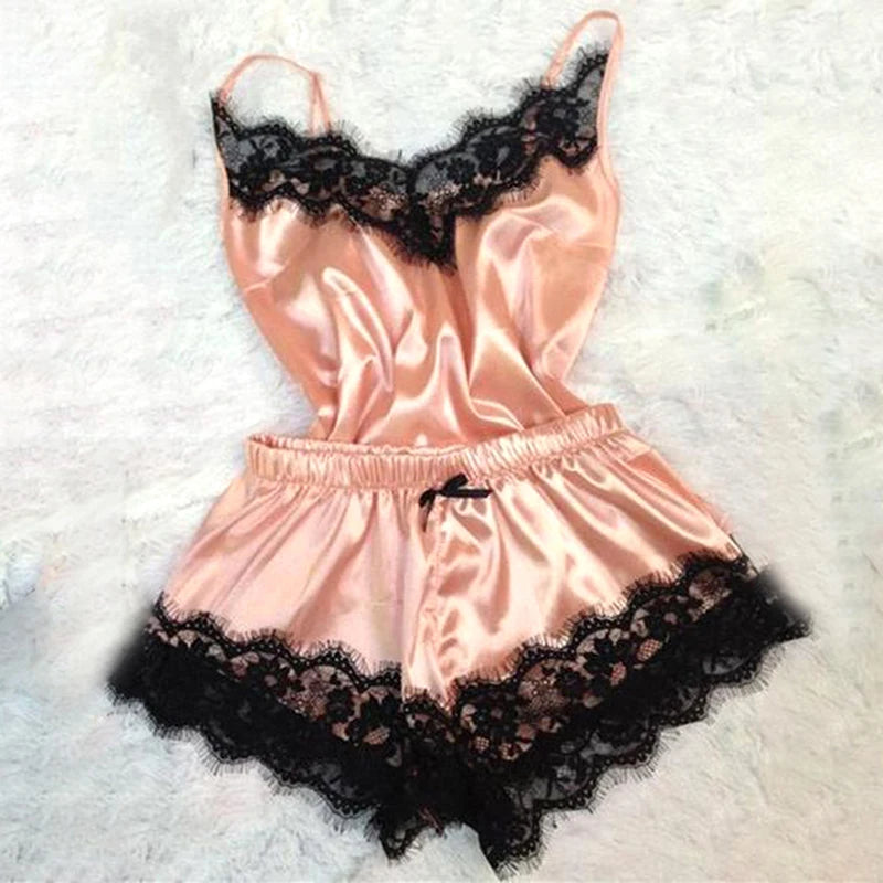 KAELAH Lace Satin Pajama Set for Women Sleepwear V-Neck Stretch Sexy Lingerie Strap Vest