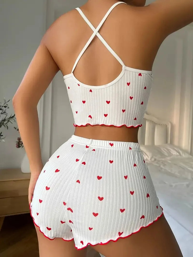 KAELAH Heart Print Pajama Set for Women Sleepwear Silk Stain V-Neck Sleeveless Casual