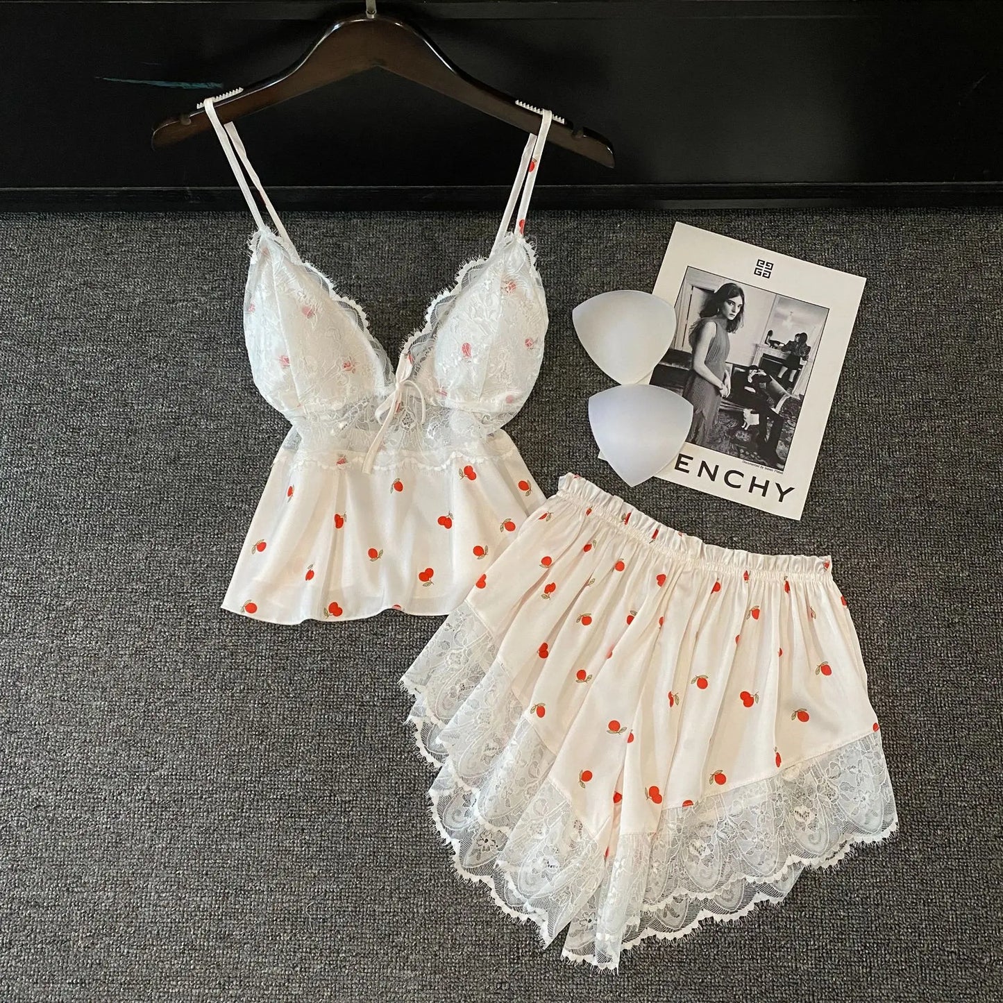 KAELAH Lingerie Two Piece Lace Sleepwear Set Sexy Sleeveless Pijamas Suit Satin