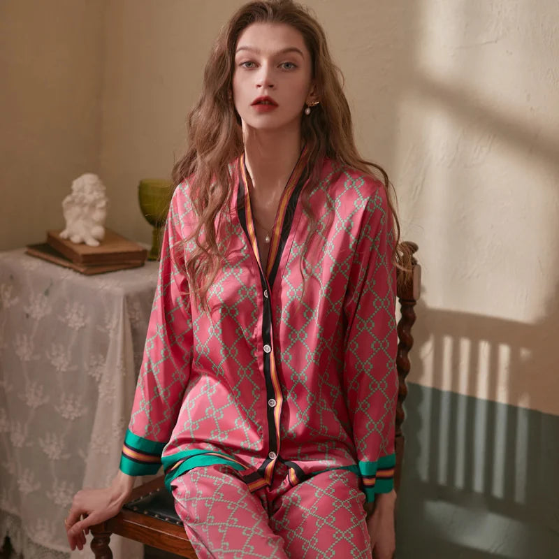 KAELAH Long Sleeved Women Pajamas Set Ice Silk Printed Fashion