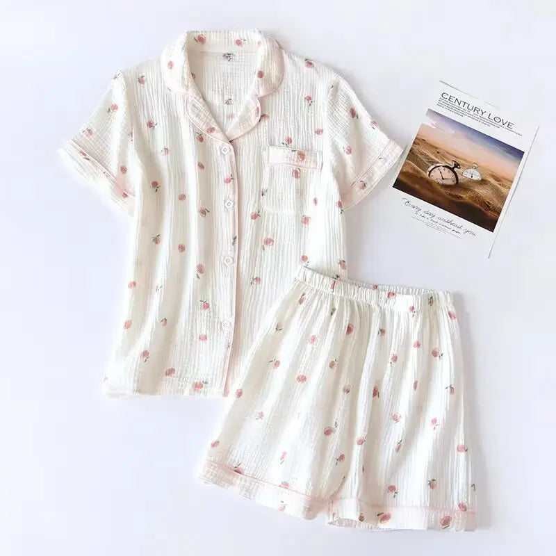 KAELAH Summer Ladies Short-sleeved Shorts Pajamas Set 100% Cotton Crepe Cloth Thin