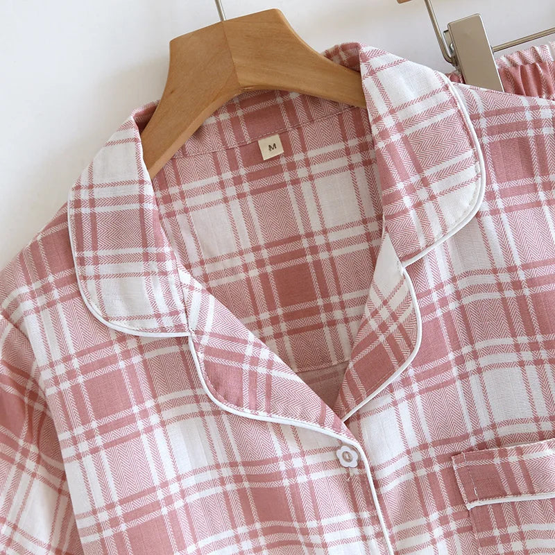 KAELAH Love Checkered Cotton Gauze Thin Short Sleeve+Shorts+Pants Simple
