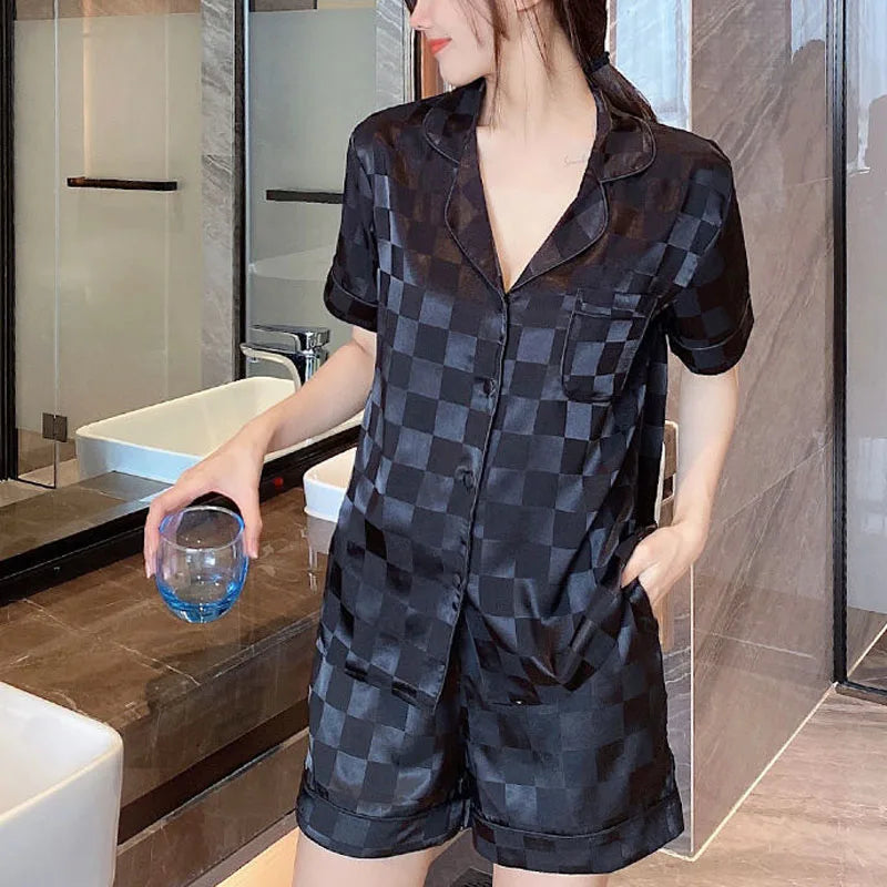 KAELAH Jacquard Checkers Ice Silk Short-Sleeved Shorts Suit Cardigan Lapel