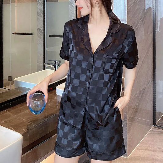 KAELAH Jacquard Checkers Ice Silk Short-Sleeved Shorts Suit Cardigan Lapel