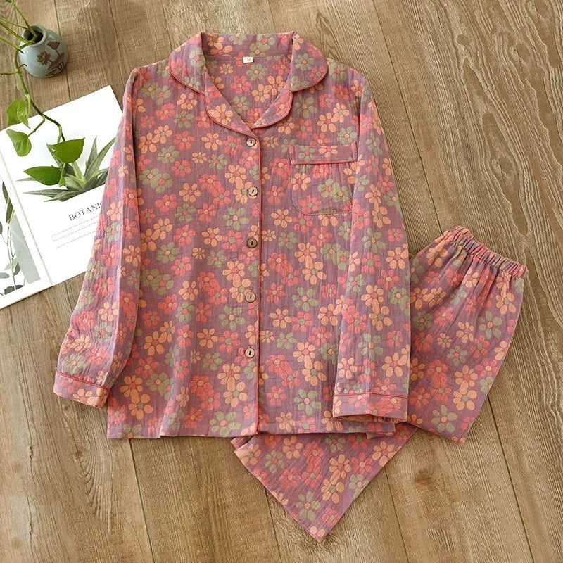 KAELAH new spring and summer women's pajamas suit long-sleeved trousers two-piece crepe flower