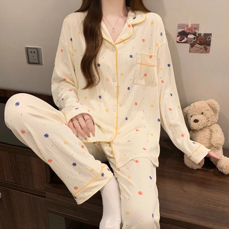 KAELAH Pink Bow Tie Design Pajamas for Women Long Sleeve Top & Elastic