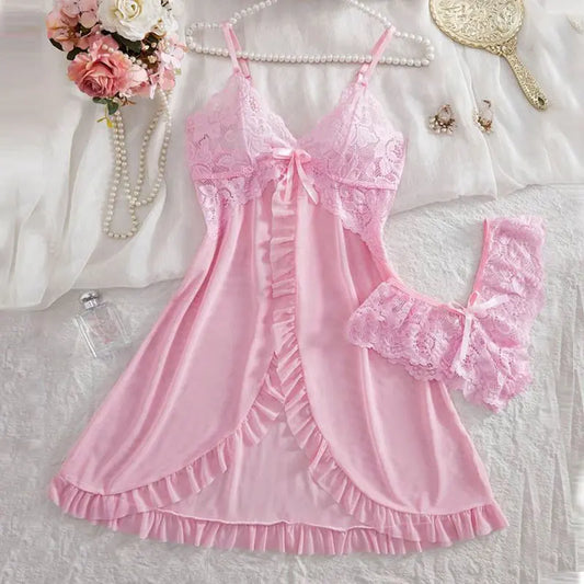 KAELAH Set Pink Cute Sweet Nightdress And Panty Pijamas Suit Sleeveless Halter