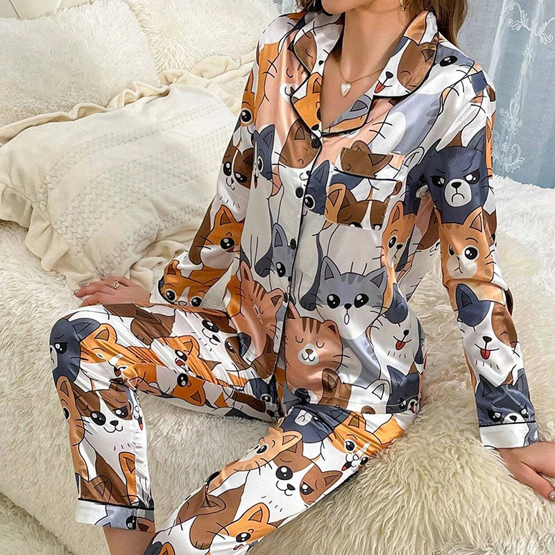 KAELAH Satin Floral Pajama Casual Sleepwear Home Clothes Suit Long Sleeve Button Up