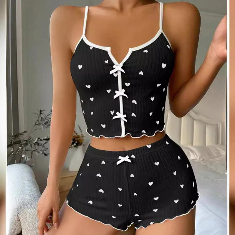 KAELAH Set Heart Print Soft Ribbed Fabric with Flirty Frill