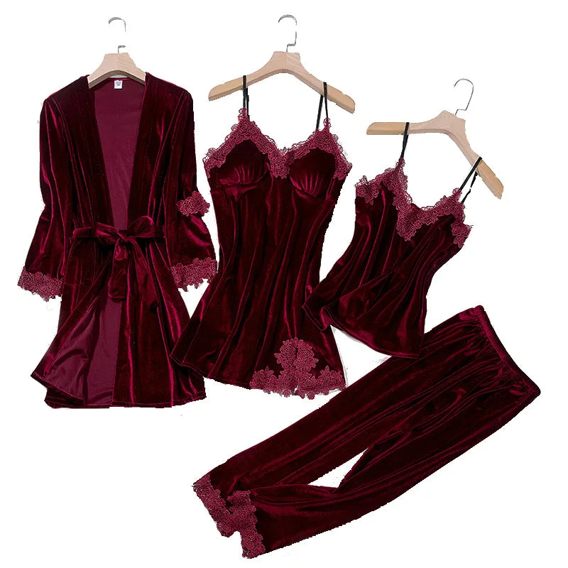 KAELAH Casual Velour Home Clothing 4pcs Sleep Set Intimate Lingerie Women Pajamas