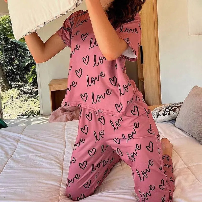 KAELAH Pyjamas Dark Pink Letter Printed Short Sleeved T-shirt and Pants Sleepwear Casual