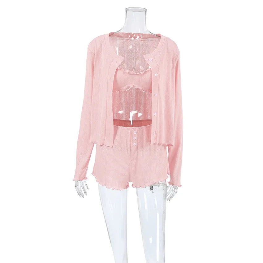 KAELAH Three Pieces Suit for Women Ruffle Trim Bra+Shorts+Coat
