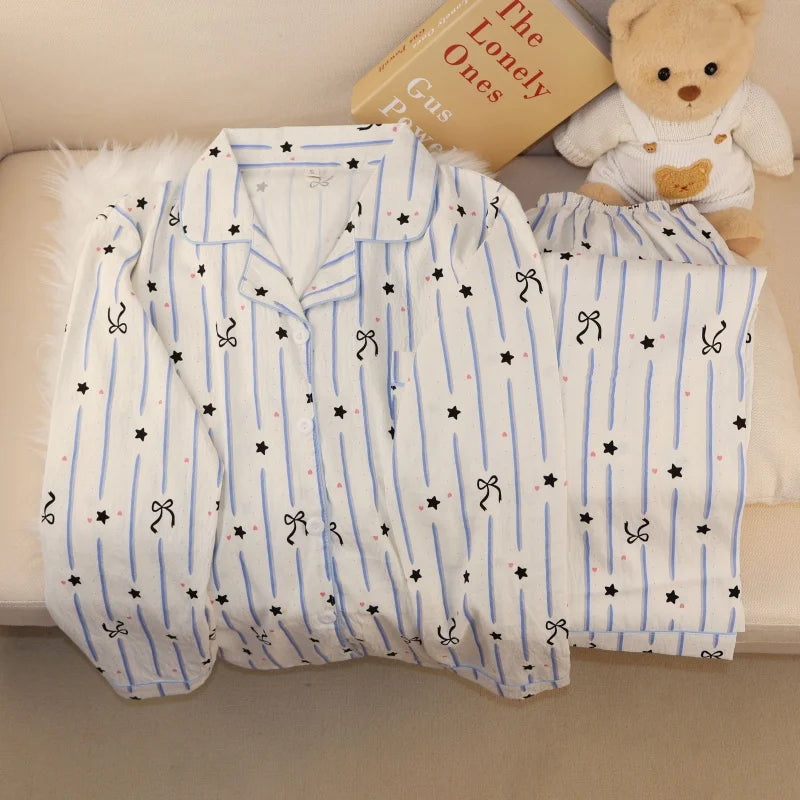 KAELAH Mickey Mouse Strip Print Woman's Pajamas Set Autumn Winter Loungewear