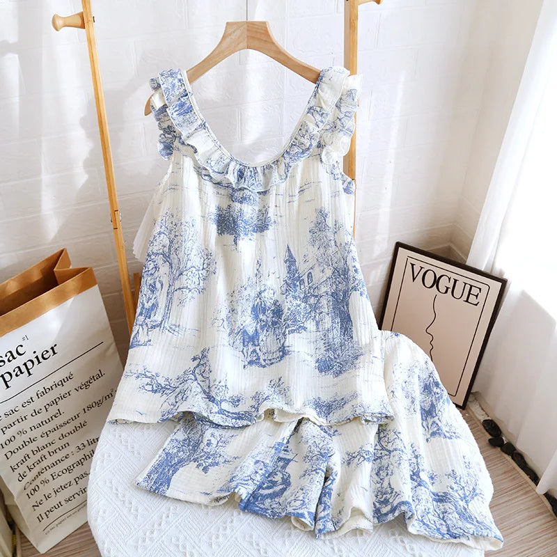 KAELAH Cotton Crepe Suspender Shorts Vest Suit Sweet And Loose Home Sexy