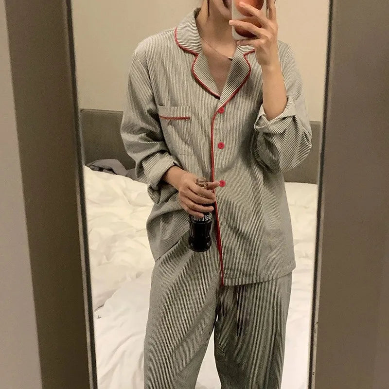KALEAH  Spring and Summer Long Sleeve Long Pants Two Piece Suit Striped Nightwear