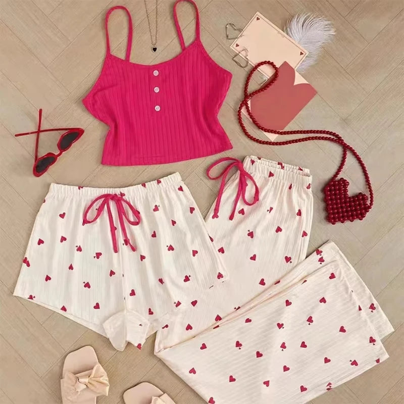 KAELAH Three Piece Women's Heart-Shaped Printed Vest Shorts and Pants